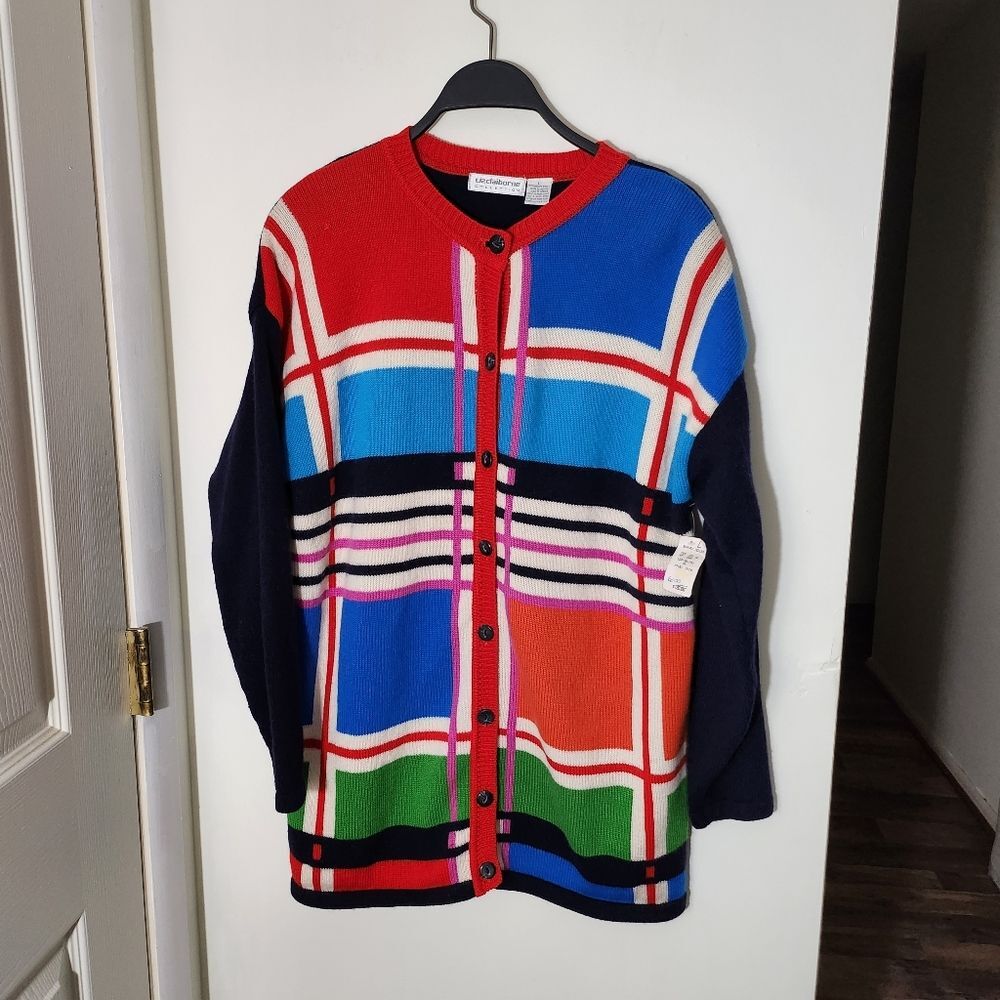 Vintage Liz Claiborne Collection Blue Color Block Merino Wool Cardigan Sweater L